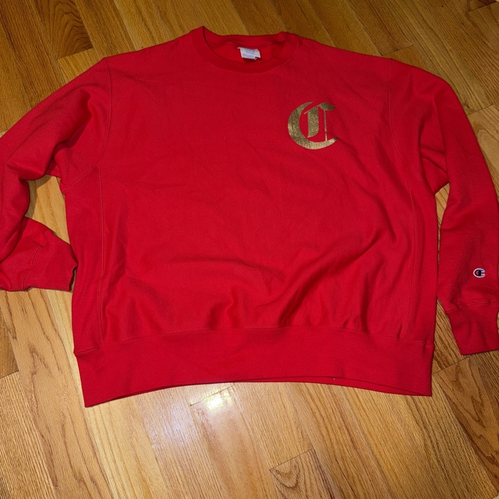 Champion Reverse Weave Old English Spell out Crewneck Men's Sz XXL Patch Glitter